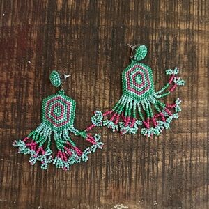 Handcrafted Beaded Earrings - Green and Pink